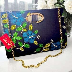 Saish Stylish Lrge African Floral Clutch Handbag Purse|Gold Chain|Black Blue Ylw